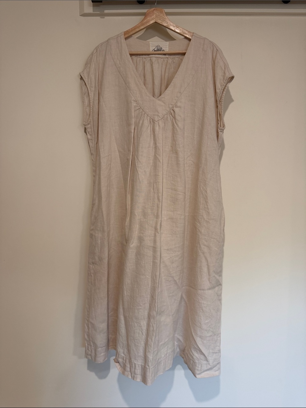 Beige V-Neck Midi Dress - Neutral Linen Style - Picture 1 of 2